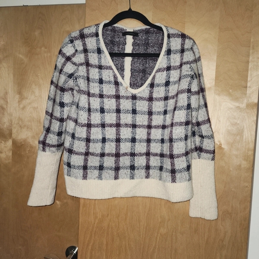 Ann Taylor Cream and Black Plaid V-Neck Sweater